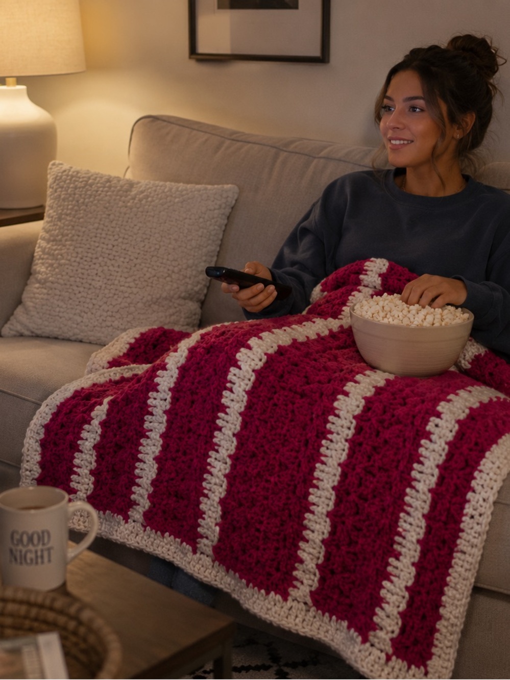 Hot pink and cream striped home made granny crocheted Afghan throw blanket 44x36